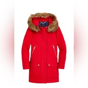 J.Crew Red Coat with Detachable Fur-Trimmed Hood – Size 0 | Chic & Versatile